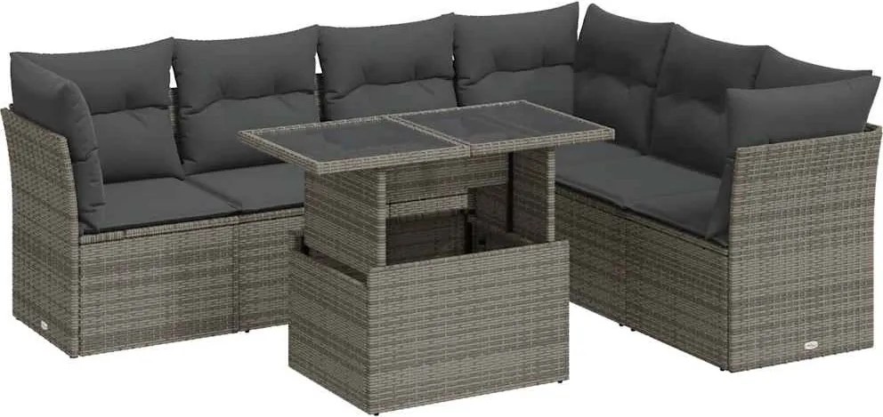 vidaXL Set canapele de grădină, 7 piese, cu perne, gri, poliratan