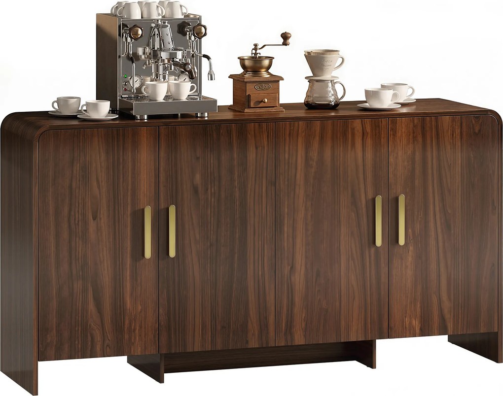 HOMCOM Bufet bucătărie, corp de depozitare cu 4 uși cu închidere amortizată, 4 compartimente și margini rotunjite, 152x40x80 cm, nuc | Aosom Romania