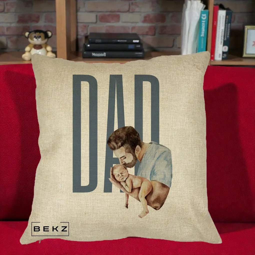Cadou pentru Tata - Perna Personalizata DAD Tata si Nou-Nascut, 40x40 cm, Crem, Husa Detasabila, Perna Inclusa, BEKZ®