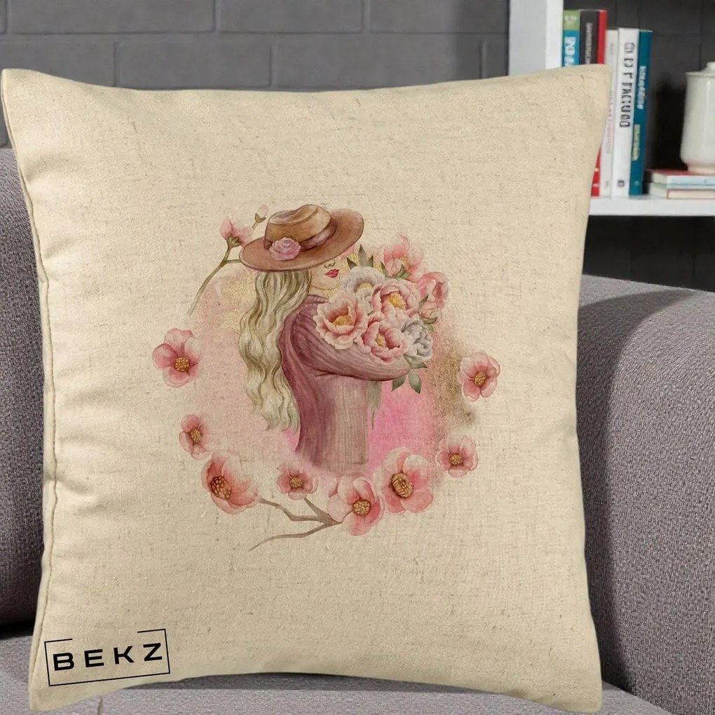 Perna Decorativa Femeie cu Flori Roz Acuarela, 40x40 cm, Bej, Husa Detasabila, Perna Inclusa, BEKZ®