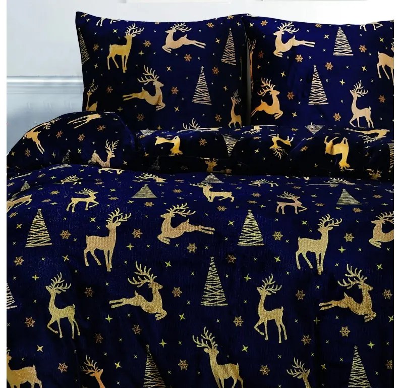 2x Lenjerie de pat din microplus GOLDEN DEER albastru inchis + cearsaf din microplus SOFT 180x200 cm albastru