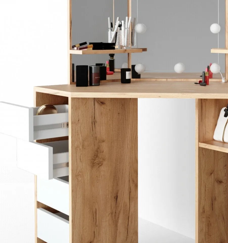 SEM216 - Set Masa toaleta cosmetica machiaj, cu oglinda make-up cu sau fara LED-uri, masuta vanity - Maro pe colt