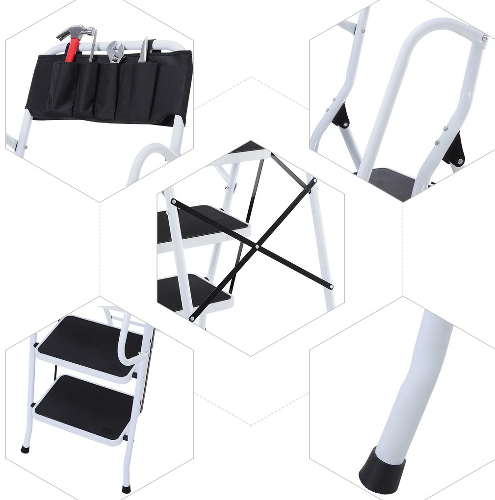 HOMCOM Scară pliabilă 4 trepte XL cu trepte antiderapante, bare duble de siguranță, geantă scule, max.1,55 m, 150 kg, otel, alb/negru | Aosom Romania