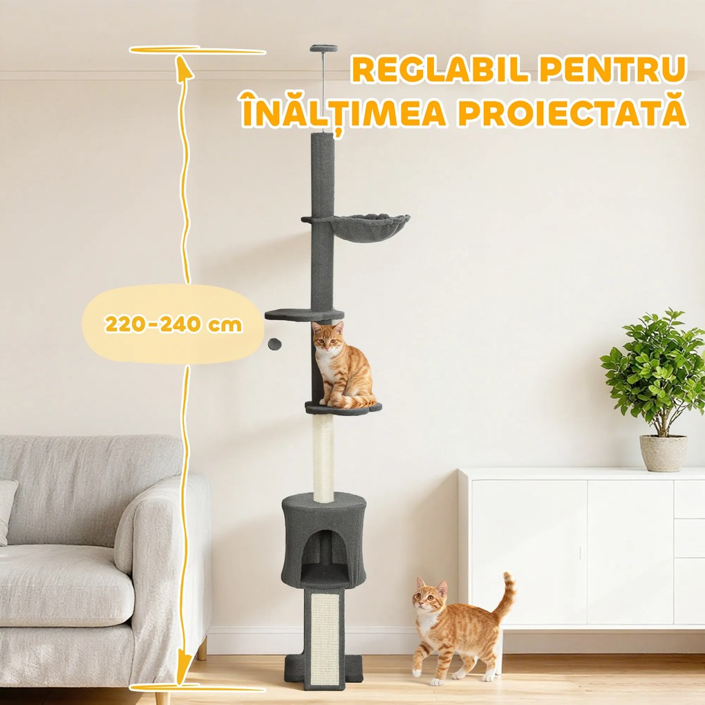 PawHut Ansamblu de joacă pentru Pisici Înalt 220-240 cm cu Hamac, Casetă, Platforme și Stâlpi din Sisal, Gri | Aosom Romania