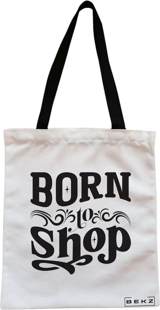 Sacosa de Panza pentru Cumparaturi, Geanta Tote, model Born to shop, Cu fermoar, 38x34.5 cm, Alba, BEKZ®
