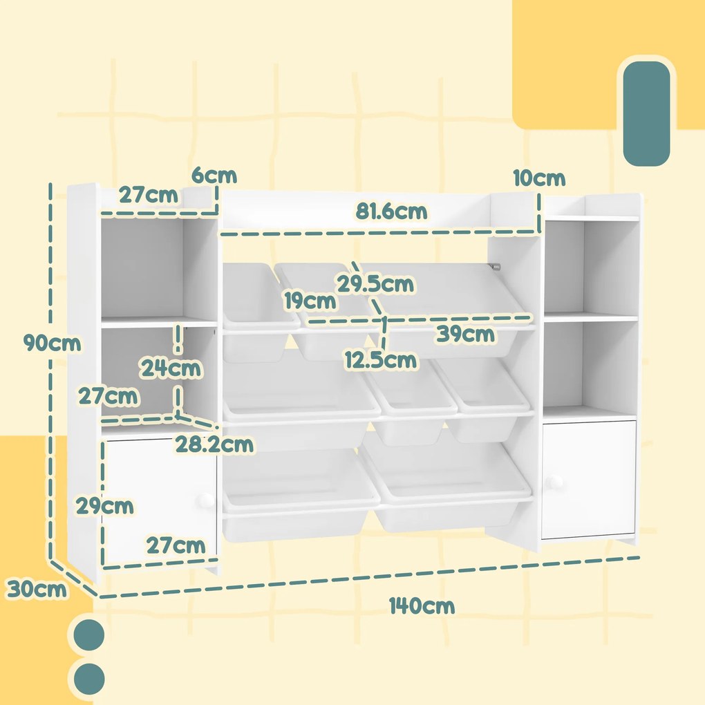 AIYAPLAY Dulap pentru jucării pentru copii cu 8 recipiente detașabile și dulapuri, 140x30x90 cm, alb | Aosom Romania