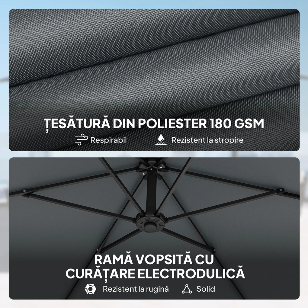 Outsunny Umbrelă de Grădină Offset 3x3 m, Umbrelă de Exterior cu Greutăți Reumplibile, Bază în Formă de Cruce, Sistem de Blocare, Manivelă, pentru Piscină Terasă, UV 30+, Gri Închis | Aosom Romania