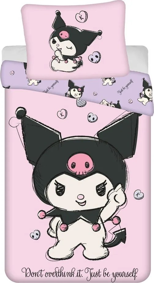 Lenjerie de pat pentru copii roz din bumbac pentru pat de o persoană 140x200 cm Hello Kitty "Kuromi" – Jerry Fabrics