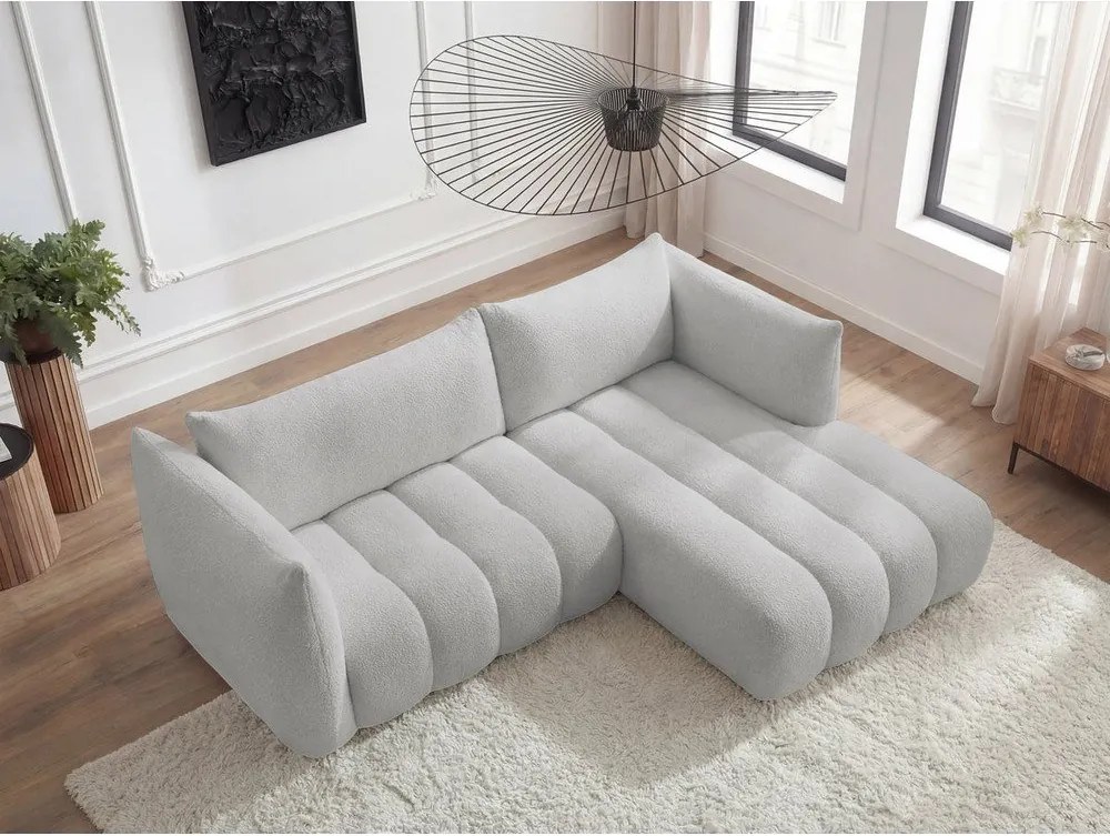 Colțar gri deschis cu tapițerie din țesătură bouclé (cu colț pe partea dreaptă/cu șezlong) Azra – Bobochic Paris