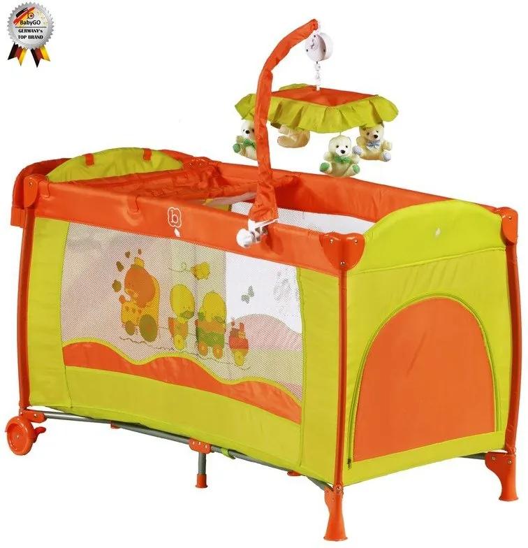 BabyGo  Patut pliant cu 2 nivele si mini-carusel Sleeper Deluxe orange