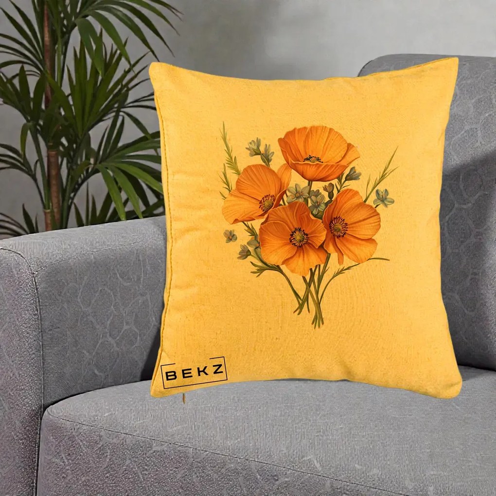 Perna Decorativa Maci Portocalii cu Floricele Albastre, 40x40 cm, Galben, Husa Detasabila, Perna Inclusa, BEKZ®