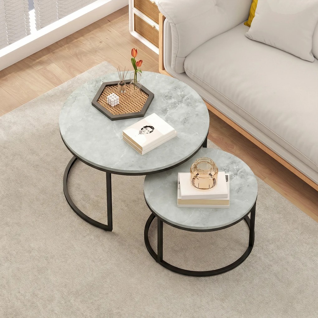 HOMCOM Set 2 măsuțe de cafea moderne, suprapuse, rotunde, gri marmorat | Aosom Romania