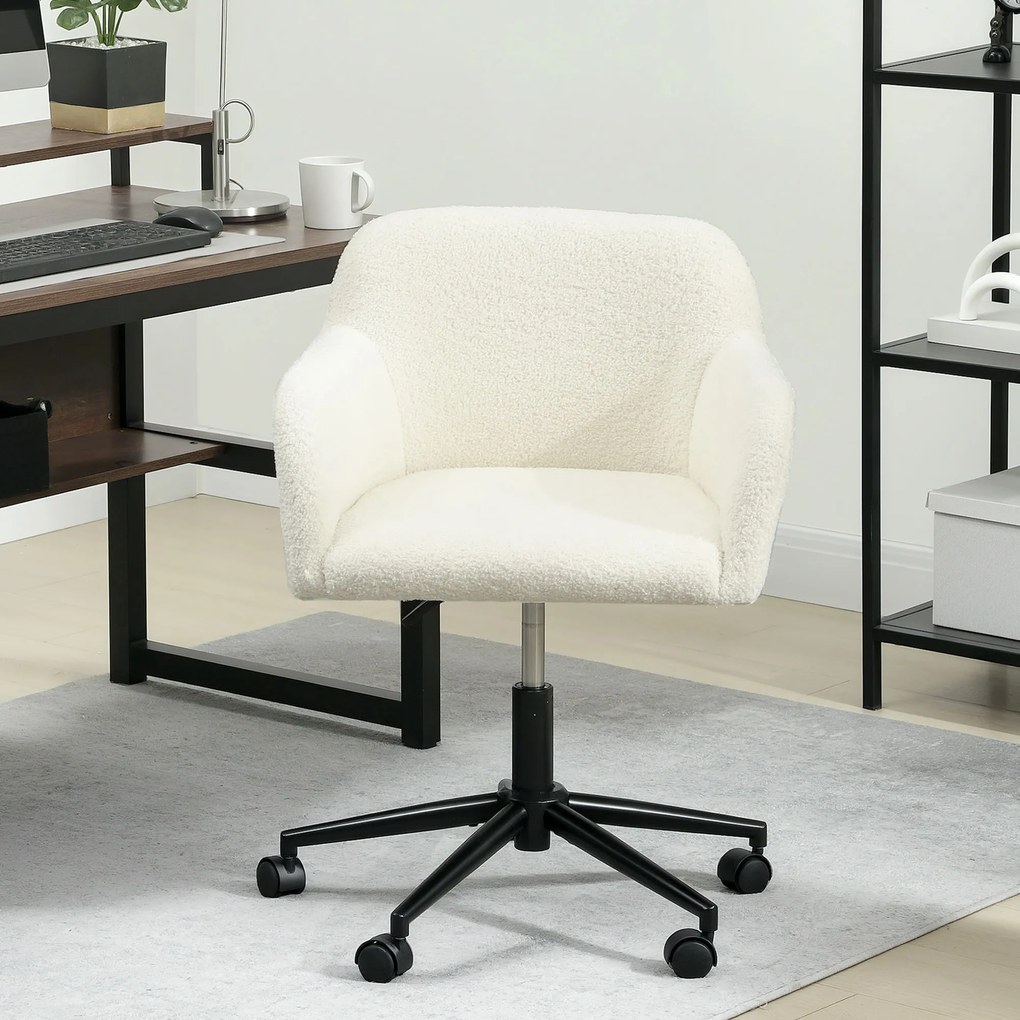 HOMCOM Scaun de birou rotativ cu role, Scaun de birou, Fleece, Spumă, reglabil în înălțime, Homeoffice, Crem alb | Aosom Romania