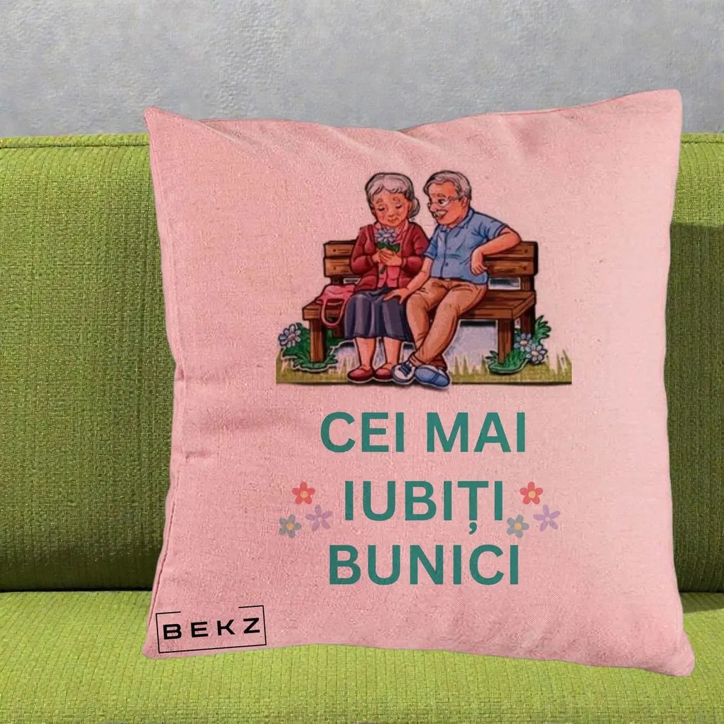 Cadou pentru Bunici - Perna Personalizata Cei Mai Iubiti Bunici Cuplu pe Banca Ilustratie, 40x40 cm, Roz, Husa Detasabila, Perna Inclusa, BEKZ®
