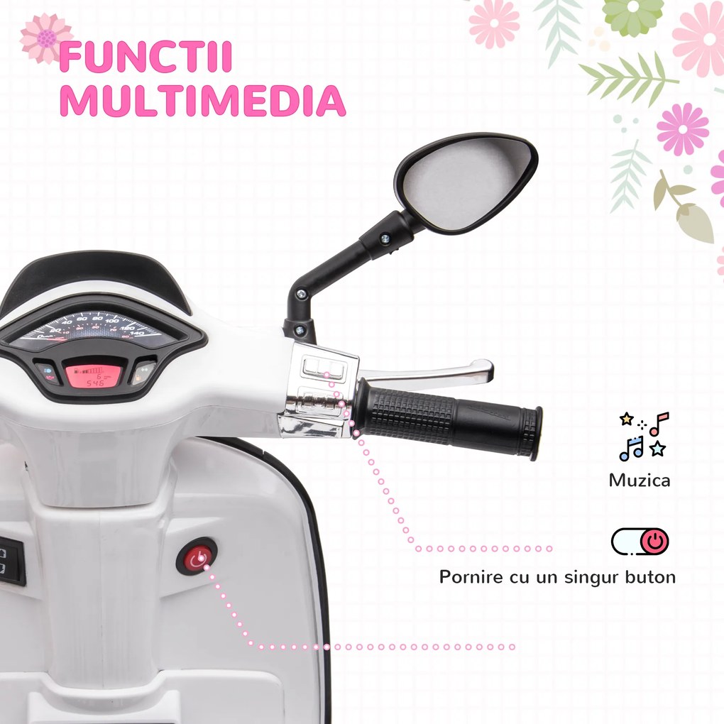 AIYAPLAY Motocicletă Electrică pentru Copii, Motocicletă cu Muzică, Două Motoare, Far, MP3, USB, Radio FM și 2 Roți de Antrenament, 107x47x73 cm, Alb | Aosom Romania