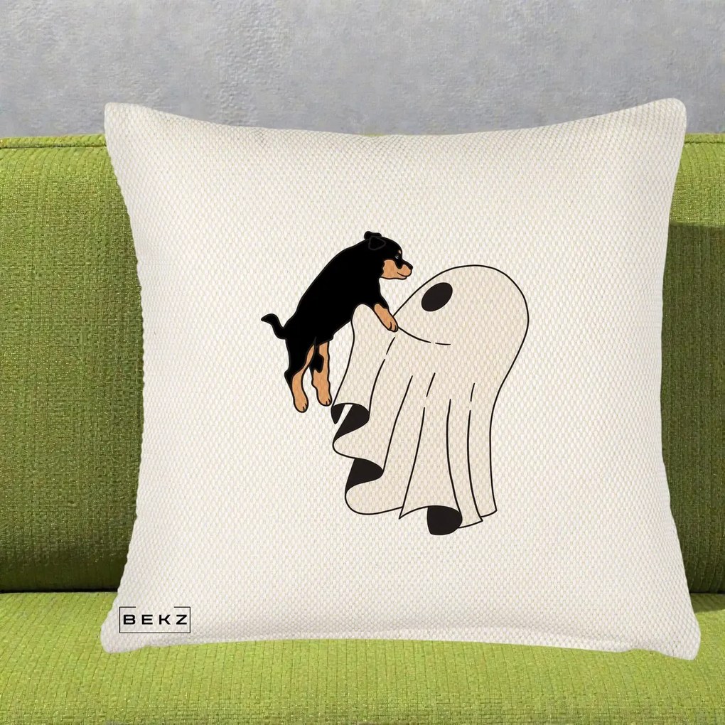 Perna Decorativa Caine Rottweiler Fantoma Halloween, 40x40 cm, Crem Reliefat, Husa Detasabila, Perna Inclusa, BEKZ®