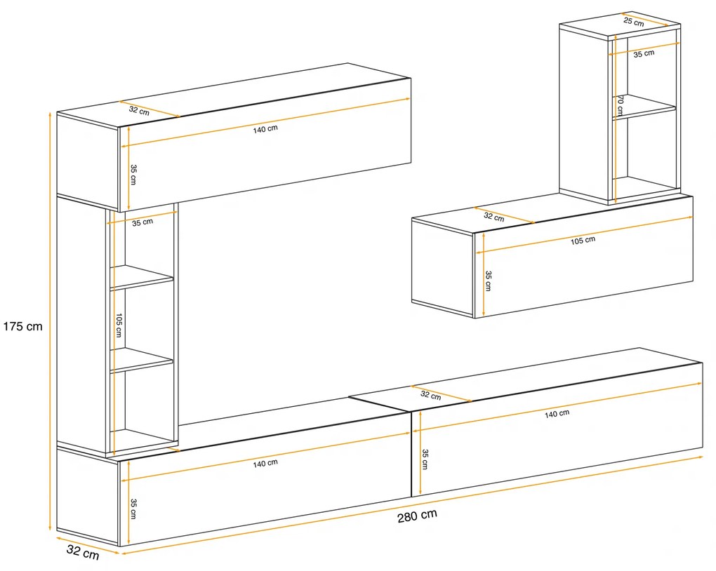 Mobilier Living suspendat, 280 cm lungime , alb lucios pvc alb mat carcasa, usi deschidere push open prin apasare,