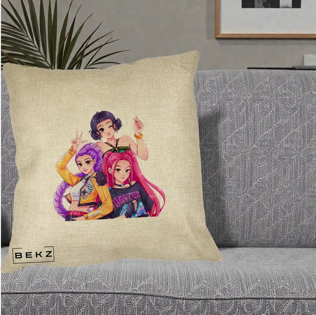 Perna Personalizata K-pop HUNTRX Trio Animat Fete Foto, 40x40 cm, Crem, Husa Detasabila, Perna Inclusa, BEKZ®
