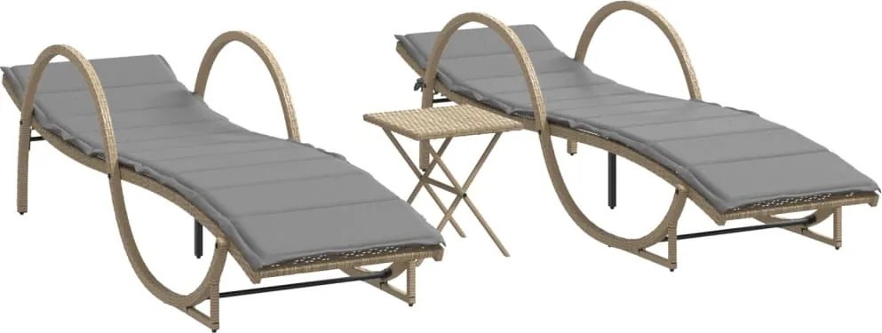 vidaXL Șezlonguri de plajă cu masă, 2 buc., bej, poliratan