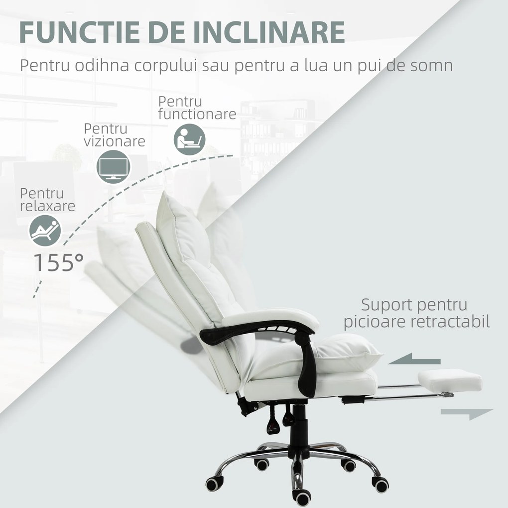Fotoliu de Birou Vinsetto, Alb, Inaltime Ajustabila, Spatar Rabatabil la 155° | Aosom Romania