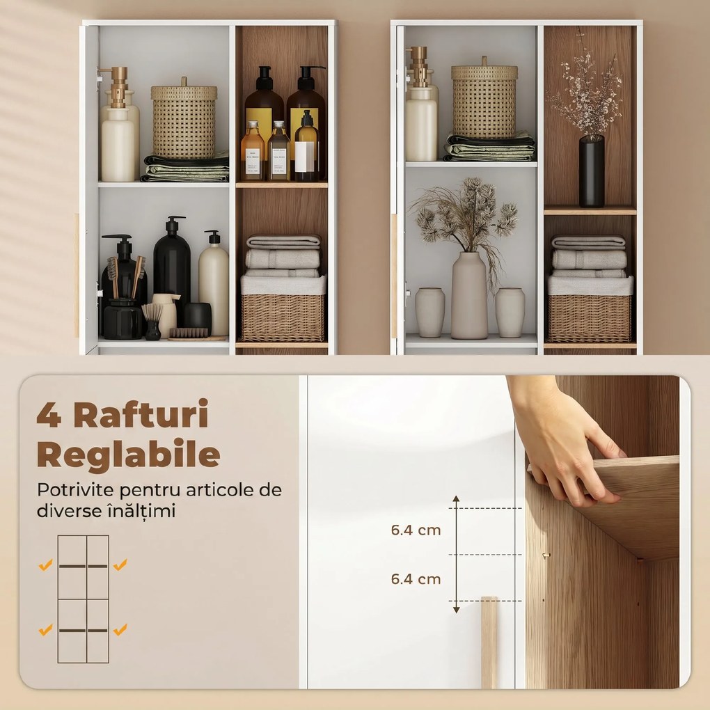 HOMCOM Dulap de Baie Înalt, Dulap Salvaspațiu cu 2 Uși și 4 Rafturi Deschise, Rafturi Reglabile, pentru Spălătorie, 62.5x35x176 cm, Alb | Aosom Romania