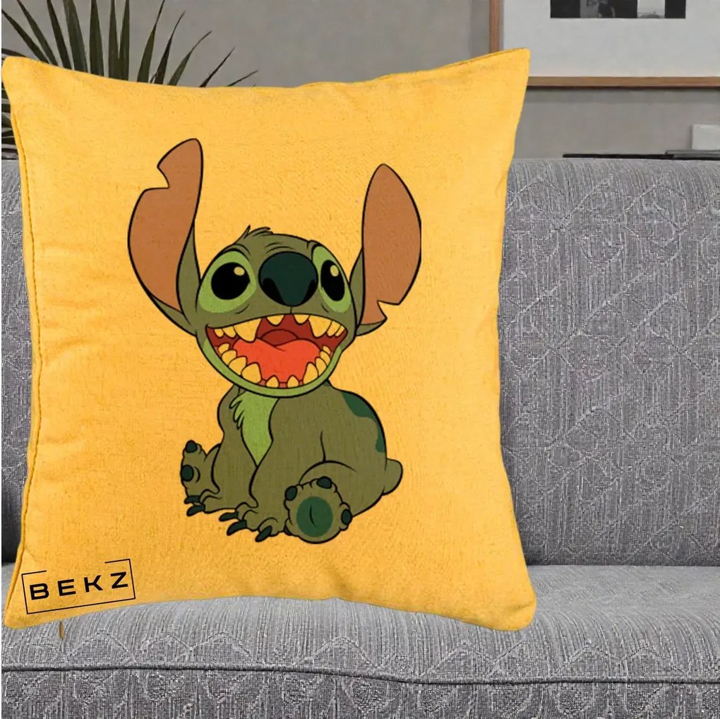 Perna Personalizata Stitch Zambitor, 40x40 cm, Galben, Husa Detasabila, Perna Inclusa, BEKZ®