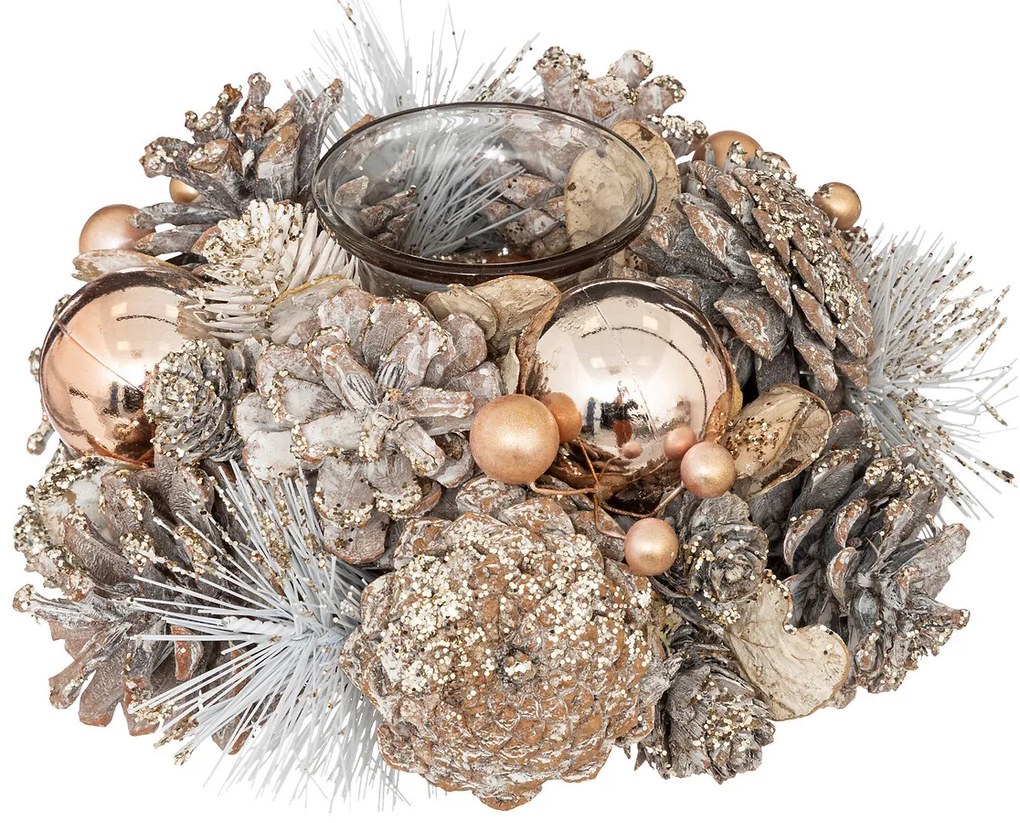 Sfesnic cu conuri de pin si globuri, auriu