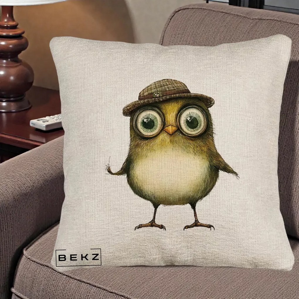 Perna Decorativa Pui Intelectual cu Palarie Tweed, 40x40 cm, Bej Canapea, Husa Detasabila, Perna Inclusa, BEKZ®