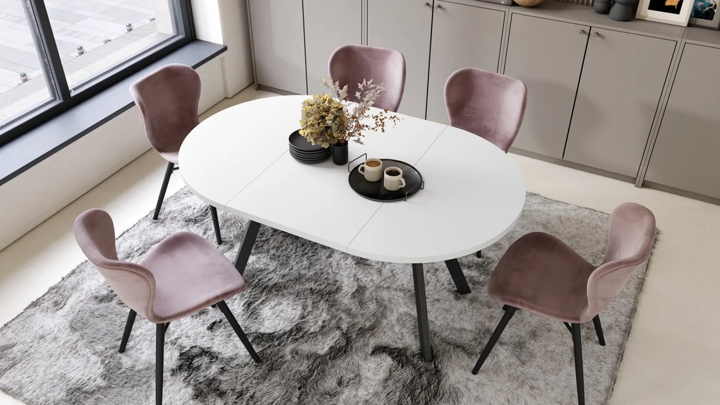 Mazzoni ALMO Alb Mat/picioare negre - MASĂ ROTUNDĂ EXTENSIBILĂ CU PICIOARE ÎN FORMĂ DE Y STIL LOFT PENTRU SALON/SUFRAGERIE