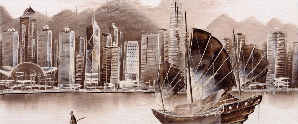 Tablou - Victoria Harbour, Hong Kong, efect sepia (120x50 cm)