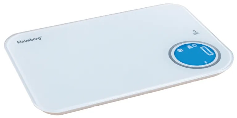 Cantar de bucatarie Klausberg KB 7938, 5 Kg, Bluetooth, Aplicatie mobila, LCD, Tare, 4 indicatori, Lichide, Indicatori, Alb/albastru