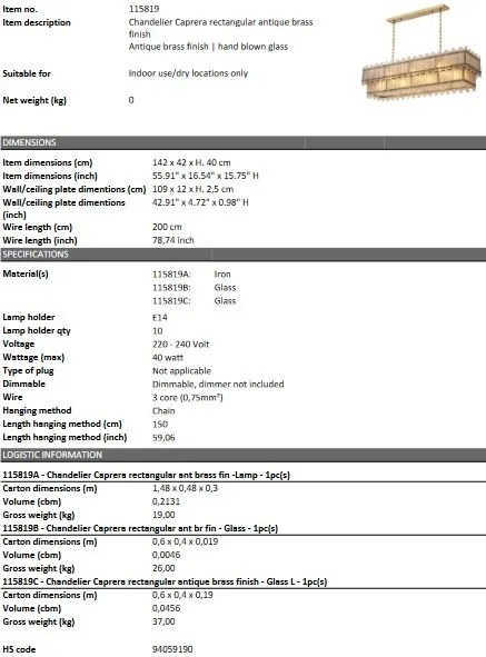 Lustra suspendata design LUX Caprera Rectangular, alama antica 115819 HZ