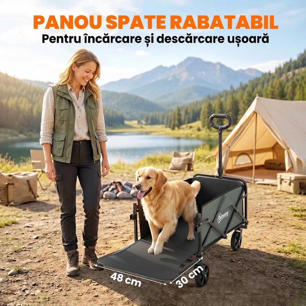 Outsunny Cărucior Pliabil de Grădină de 72l cu Deschidere Posterioară, Roți, Buzunare și Mâner, 114x46x65-92 cm, Verde | Aosom Romania