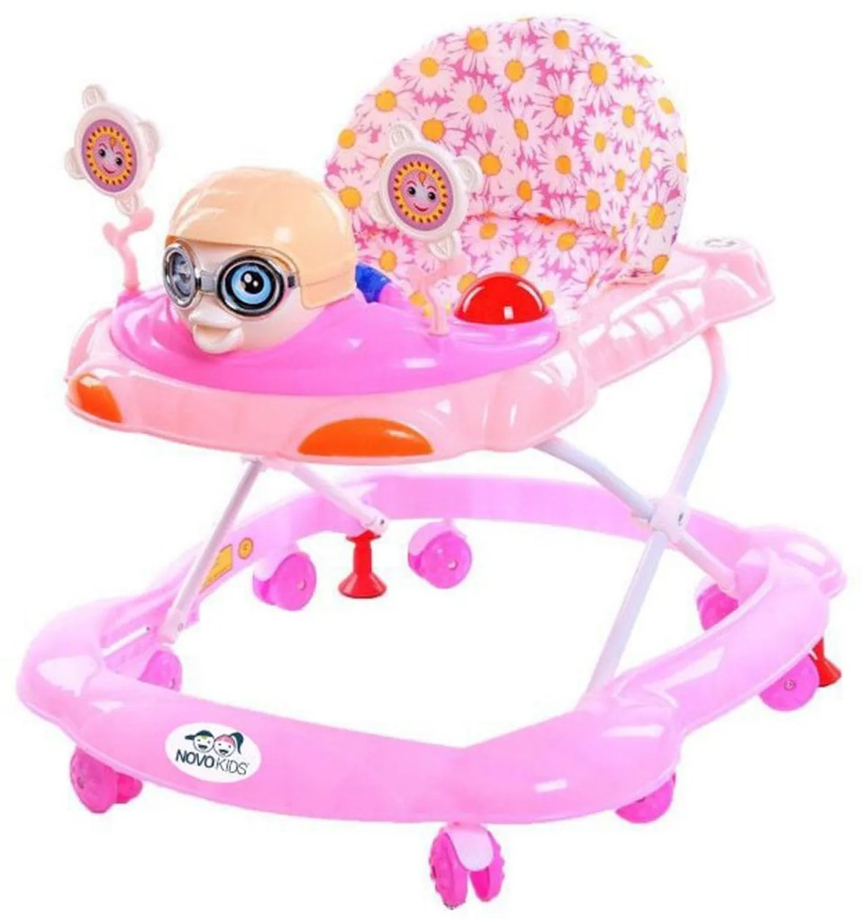 Premergator reglabil in 3 trepte NOVOKIDS™ Catch The Pigeon, cu melodii si lumini, Porumbel, Pliabil, 8 roti, Roz