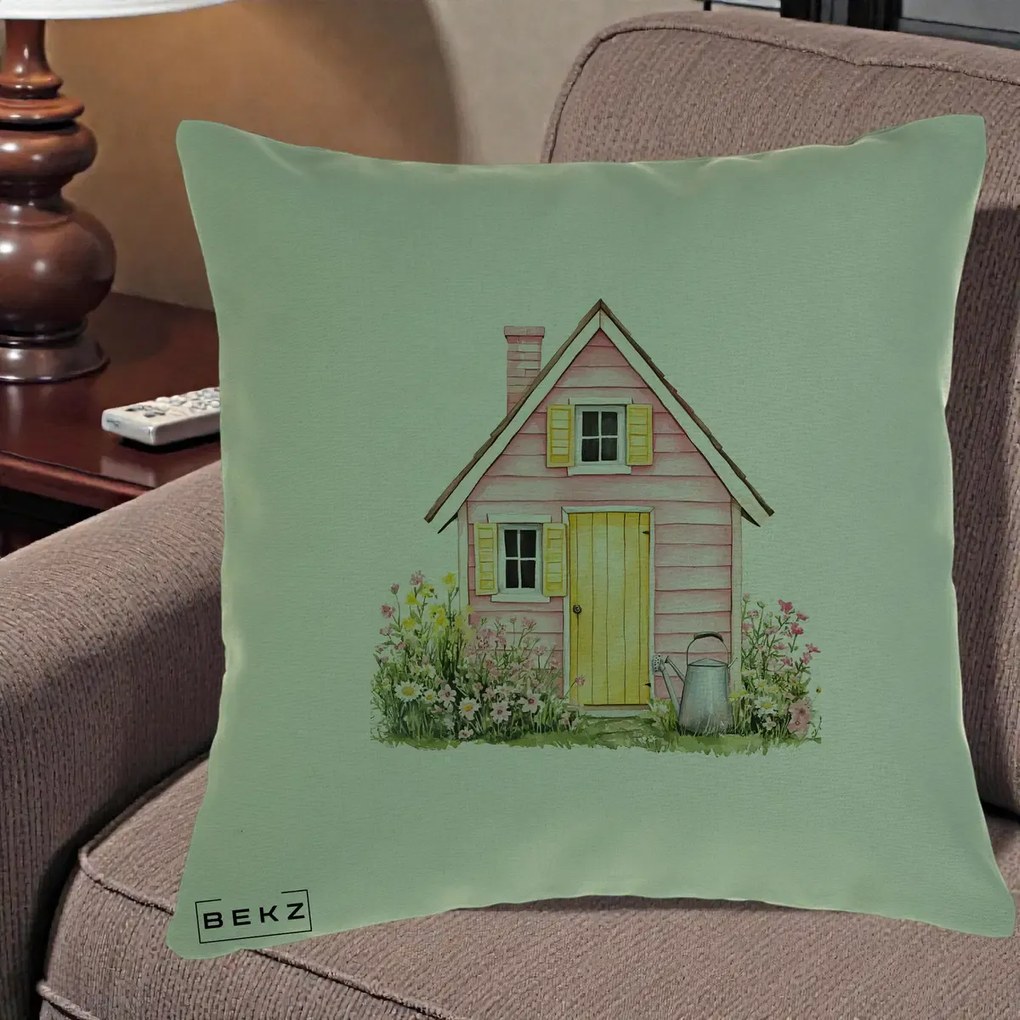 Perna Decorativa Casuta Roz Acuarela cu Gradina, 40x40 cm, Verde, Husa Detasabila, Perna Inclusa, BEKZ®