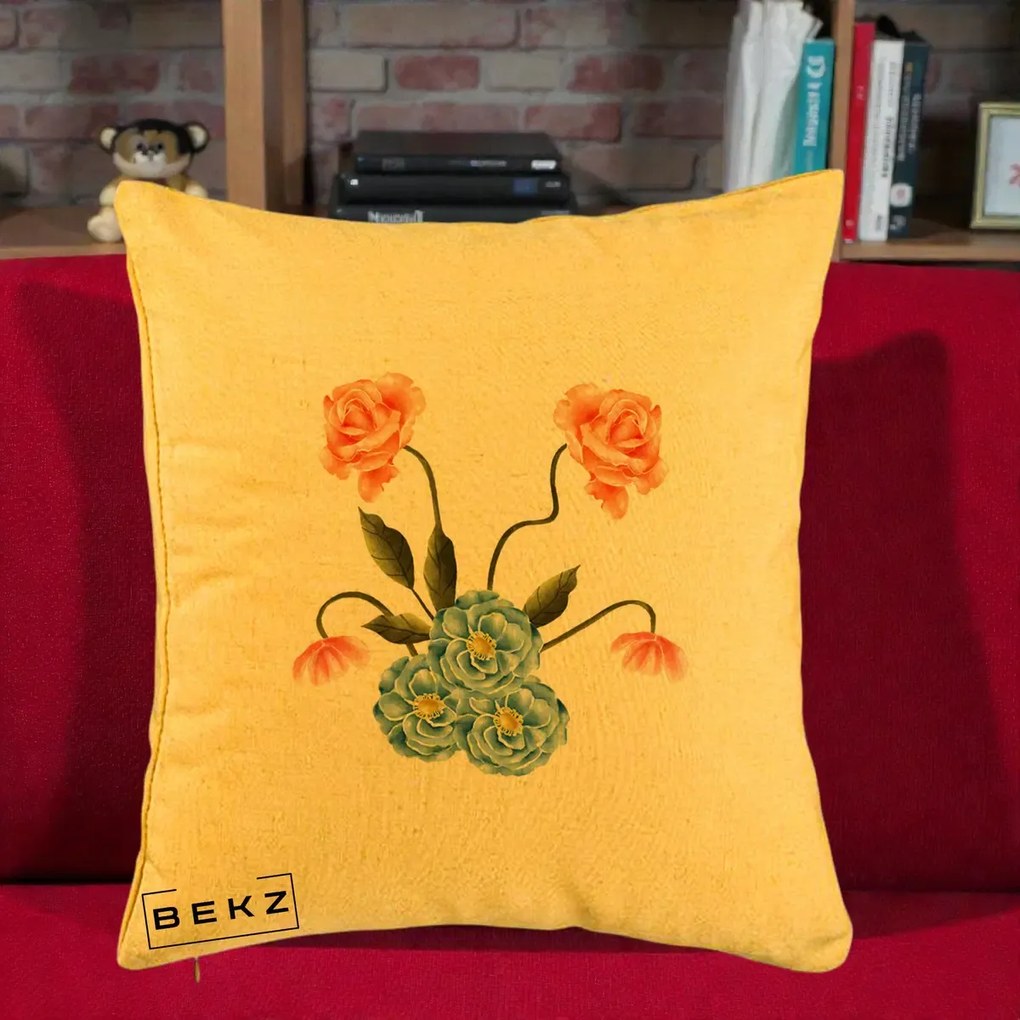 Perna Decorativa Trandafiri si Bujori Acuarela, 40x40 cm, Galben, Husa Detasabila, Perna Inclusa, BEKZ®