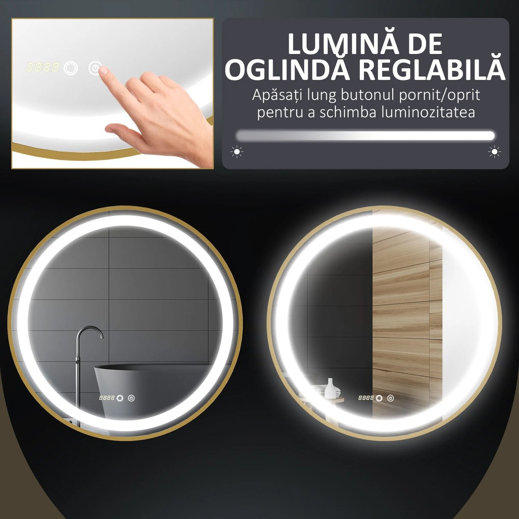 kleankin Oglindă de Baie Rotundă cu Lumină LED, Luminozitate Reglabilă și Întrerupătoare Touch, Ø60x4 cm, Auriu | Aosom Romania