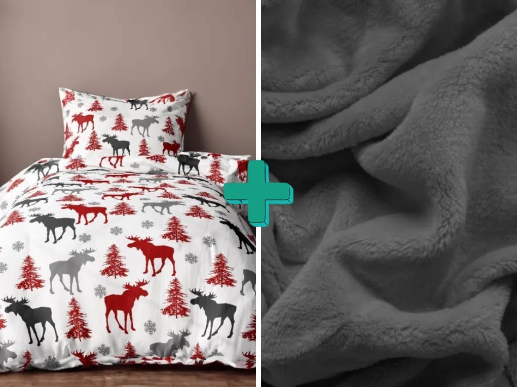 Lenjerie de pat flanel CHRISTMAS MOOSE alb + cearceaf microplus SOFT 90x200 cm gri inchis