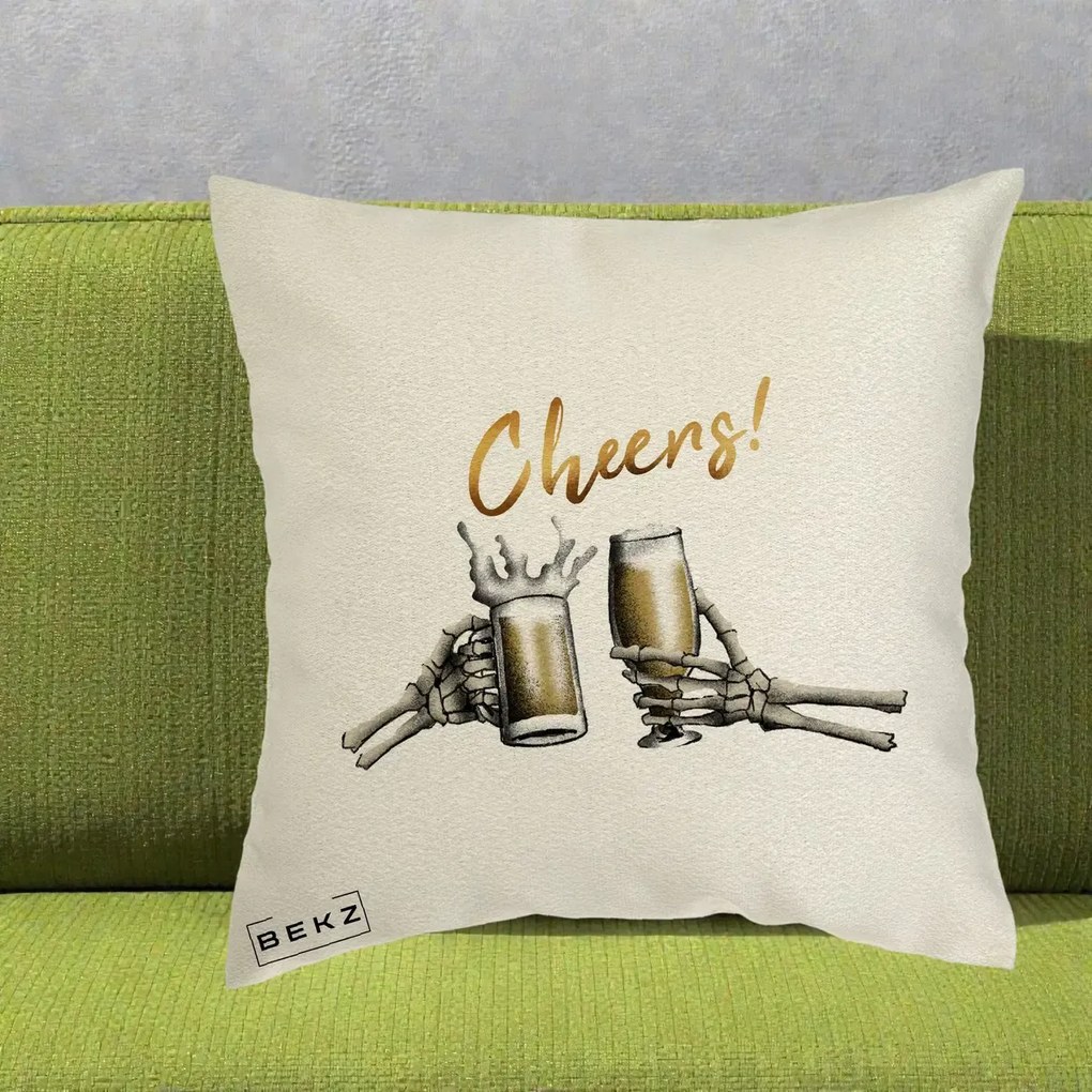 Perna Decorativa Halloween Cheers Schelete cu Bere, 40x40 cm, Ecru, Husa Detasabila, Perna Inclusa, BEKZ®