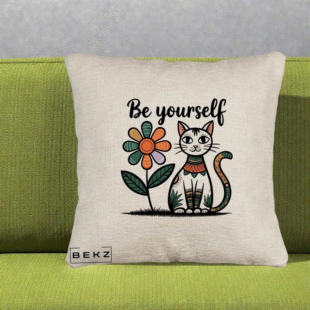 Perna Personalizata Be Yourself Pisica Folk, 40x40 cm, Bej Canapea, Husa Detasabila, Perna Inclusa, BEKZ®