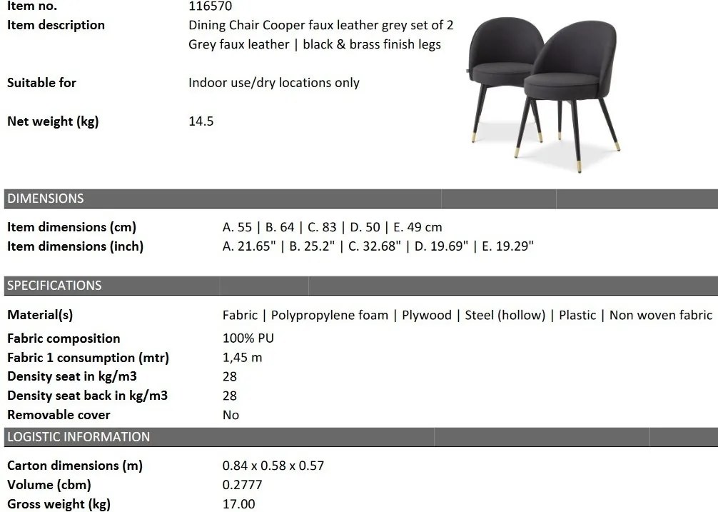 Set de 2 scaune design LUX Cooper, piele sintetica gri