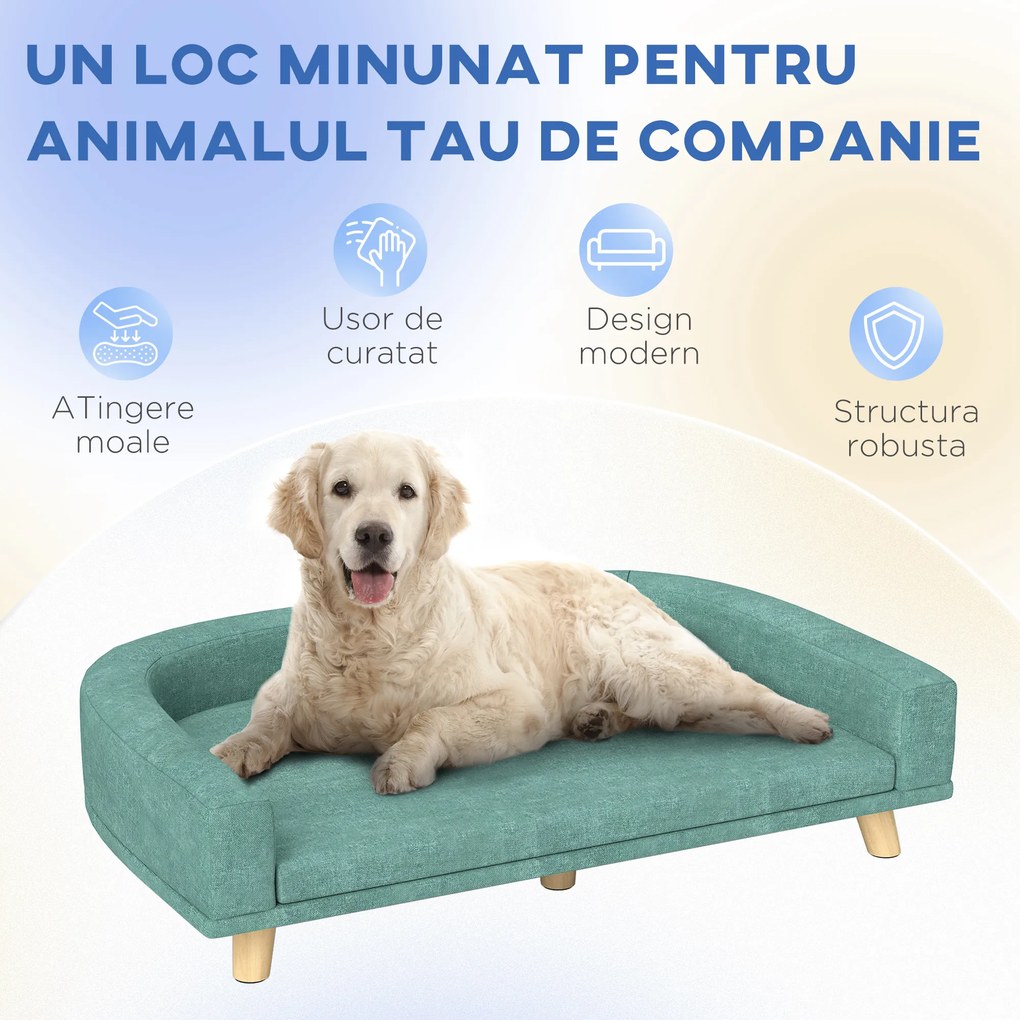 PawHut Canapea Elegantă pentru Animale de Companie, Pat Înălțat cu Pernă Moale, Cadru din Lemn, Verde, 98x67x25cm | Aosom Romania