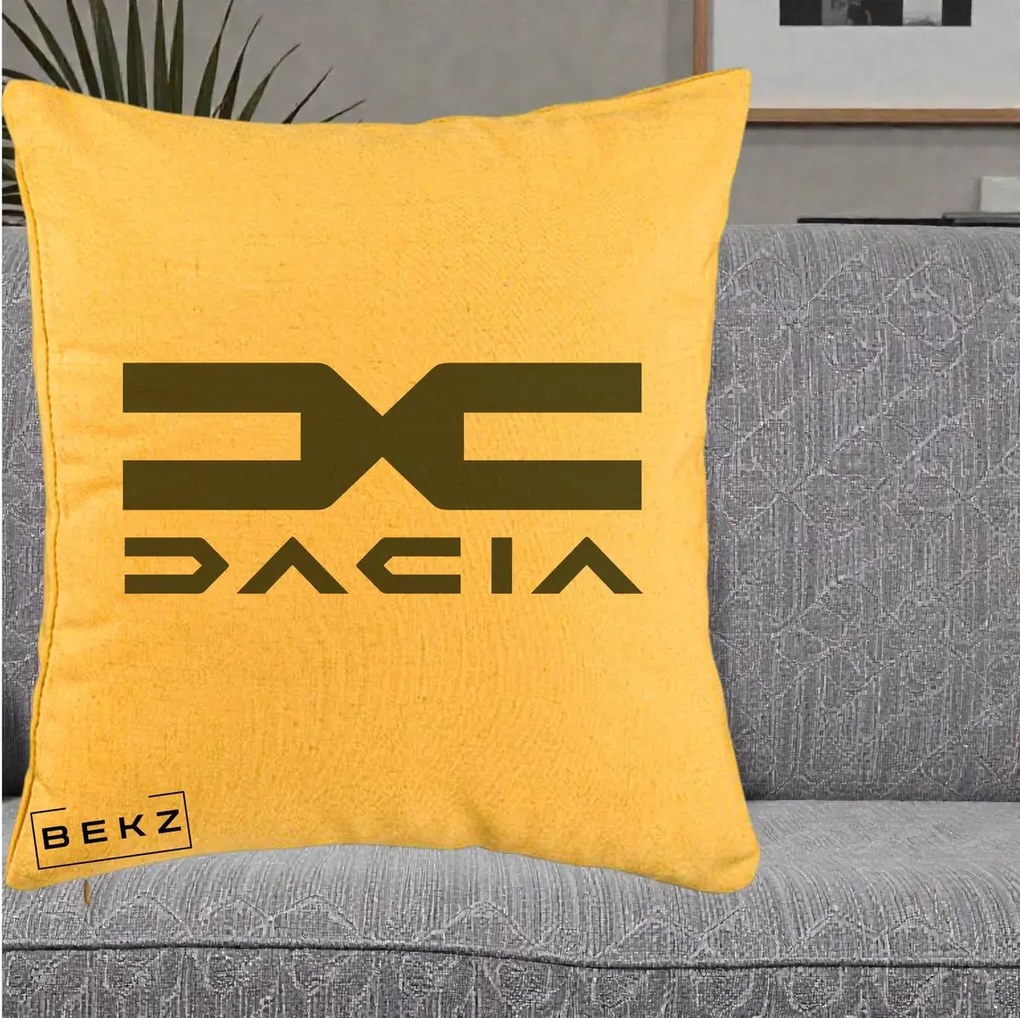 Perna Personalizata cu emblema Dacia, 40x40 cm, Galben, Husa Detasabila, Perna Inclusa, BEKZ®