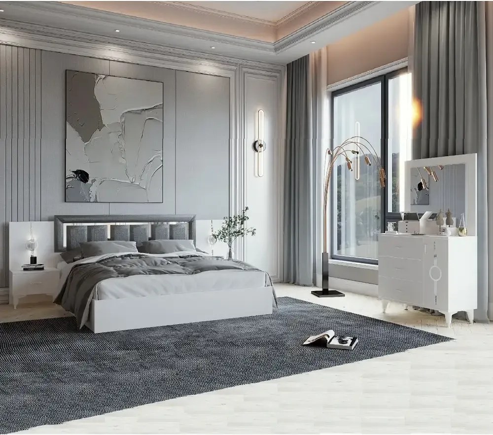 Dormitor Carol,sifonier,comoda,noptiera,pat cu lada Homs, alb, 220x210x50 cm