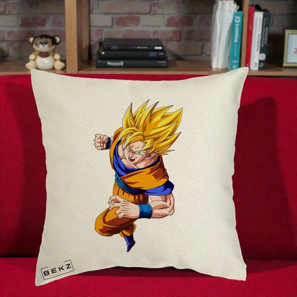 Perna Personalizata Dragon Ball Goku Super Saiyan 2 Lupta, 40x40 cm, Ecru, Husa Detasabila, Perna Inclusa, BEKZ®
