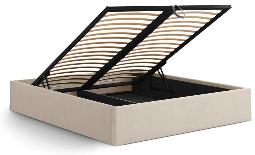 Pat matrimonial maro deschis tapițat cu spațiu de depozitare/fără tăblie cu somieră 160x200 cm Susan – Micadoni