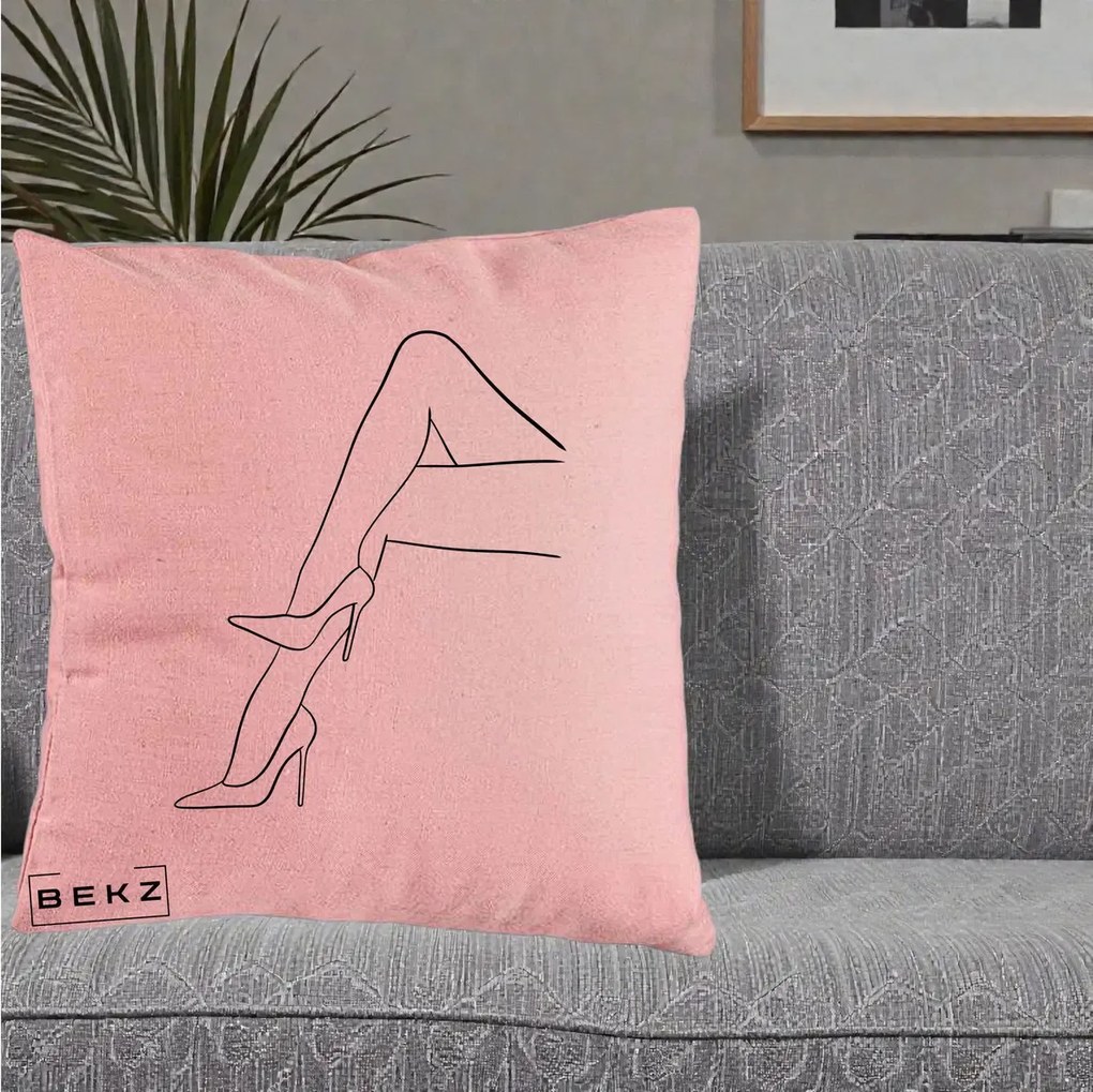 Perna Decorativa Picioare cu Tocuri Line Art, 40x40 cm, Roz, Husa Detasabila, Perna Inclusa, BEKZ®