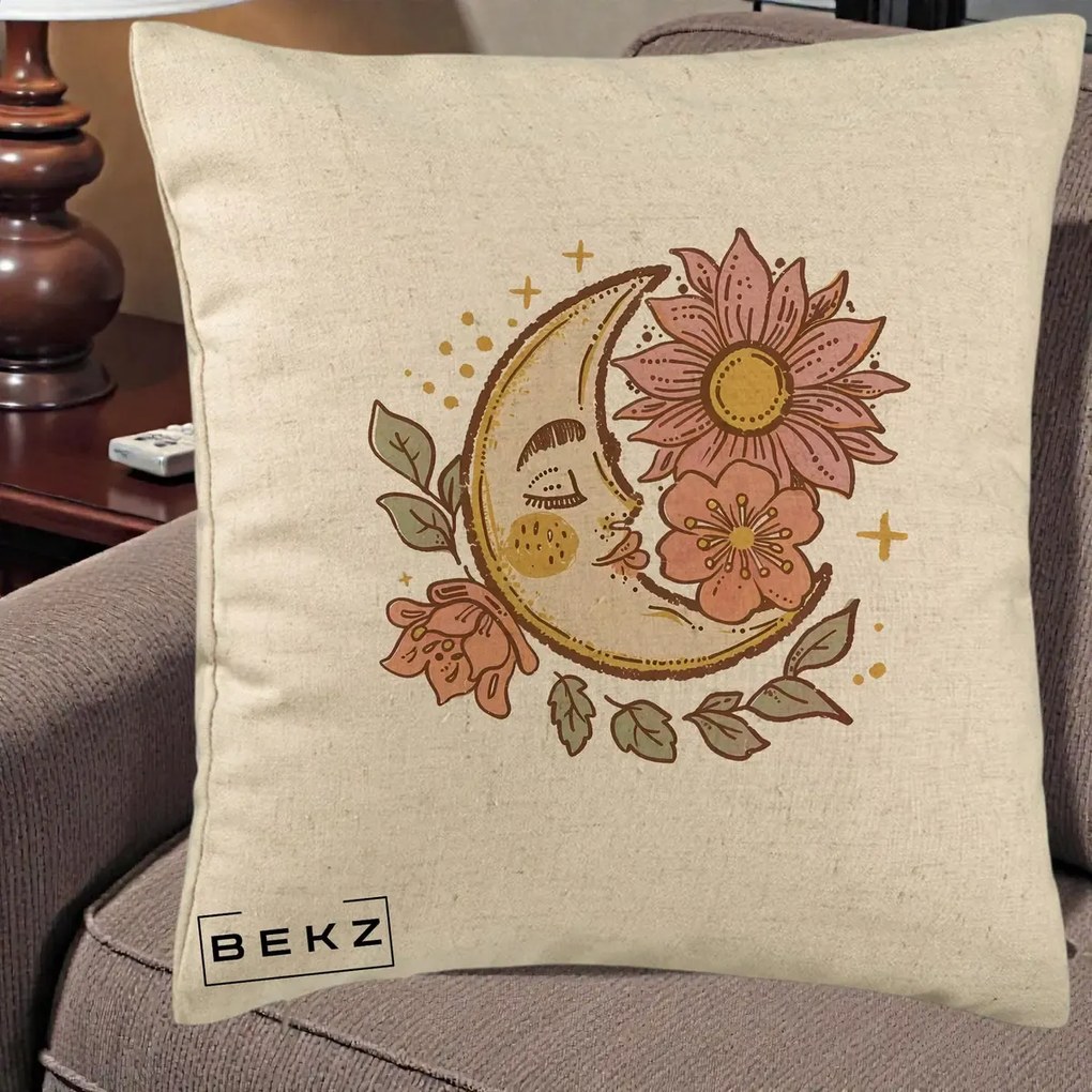Perna Personalizata Luna Boho Chip Floral, 40x40 cm, Bej, Husa Detasabila, Perna Inclusa, BEKZ®