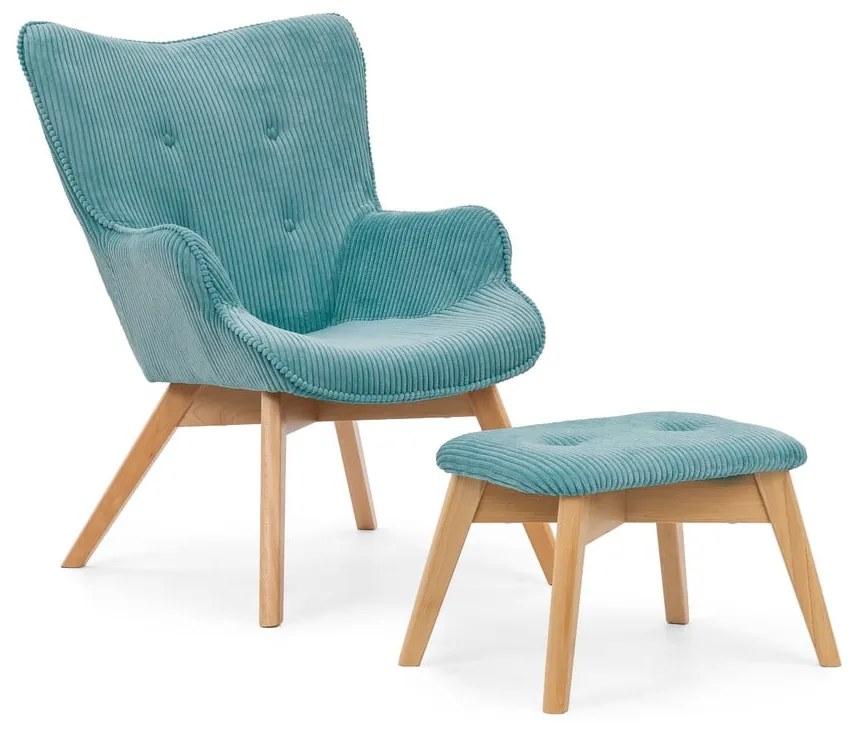 Fotoliu cu taburet turcoaz cu tapițerie din catifea reiată Niko – Ropez