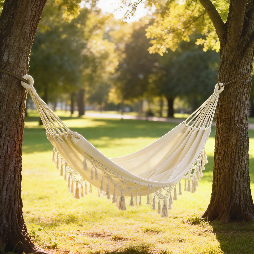 Outsunny Hamac Exterior Boem, Hamac de grădină Suspendat cu Franjuri și Sac de Transport extra-larg 288 x 150 cm, Bej | Aosom Romania